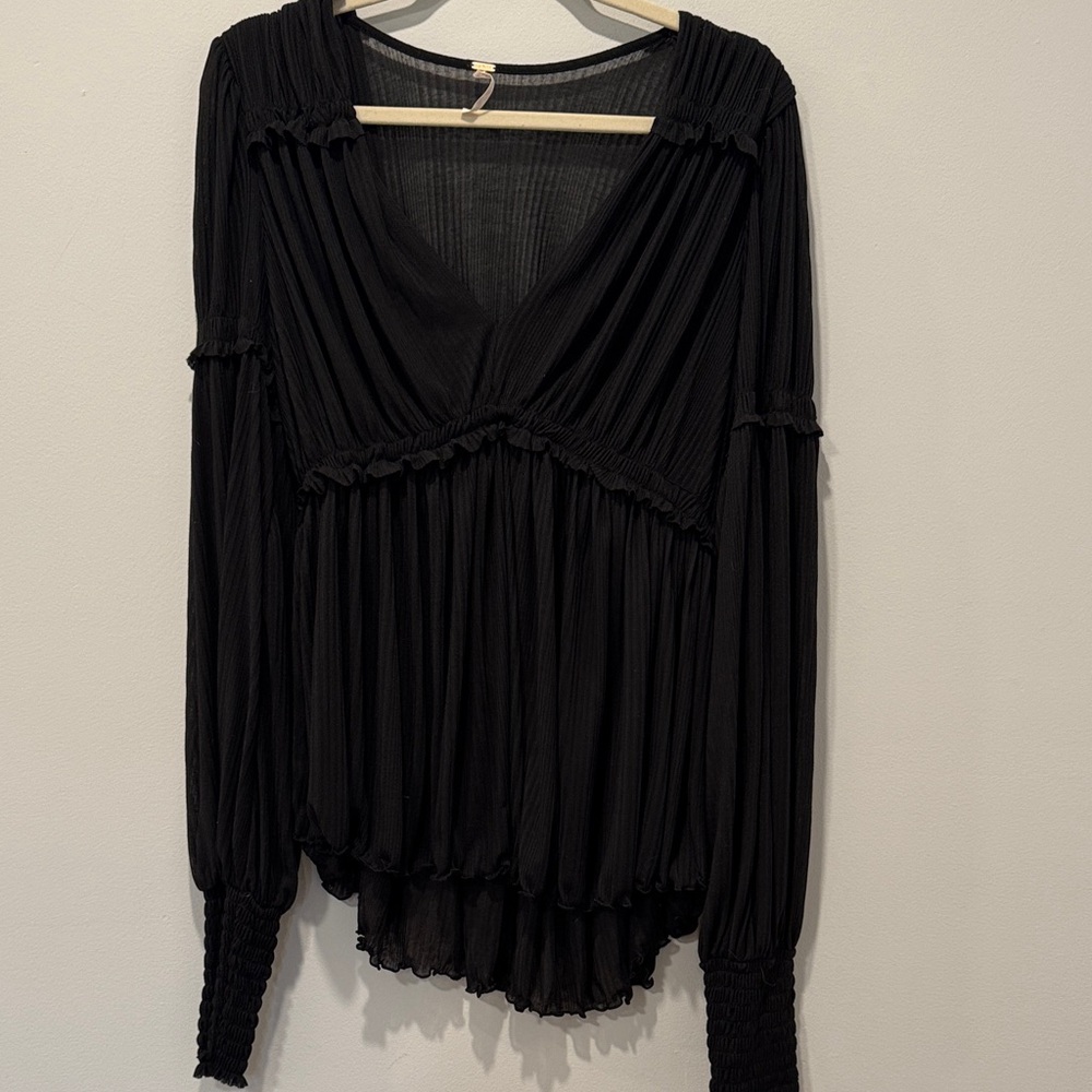 Free People Black Pleated V-Neck Long-Sleeve Blouse
